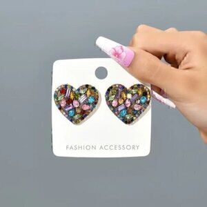 Colorful Heart Shaped Stud Earrings Embellished With Shiny Rhinestones